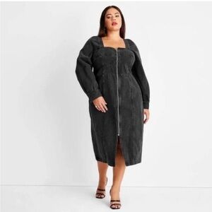 Future Collective Black Front Zip Puff Long Sleeve Denim Dress